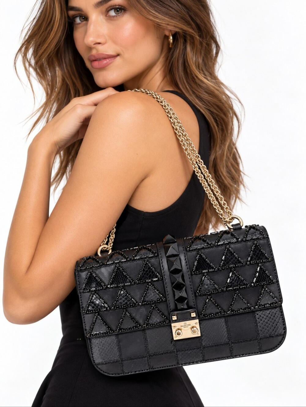 Valentino Garavani Medium Glam Lock Bag Black Embellished Leather RARE